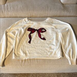 Hollister Cream Sweater with Plaid Red Bow